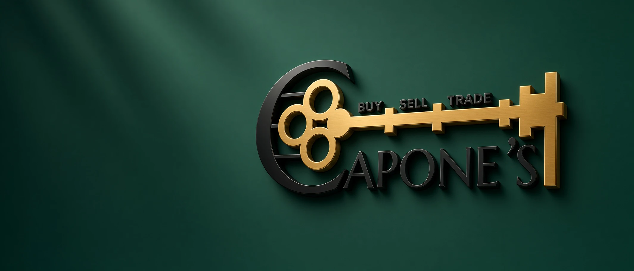 Capone’s key logo mounted as a sign on a dark green wall